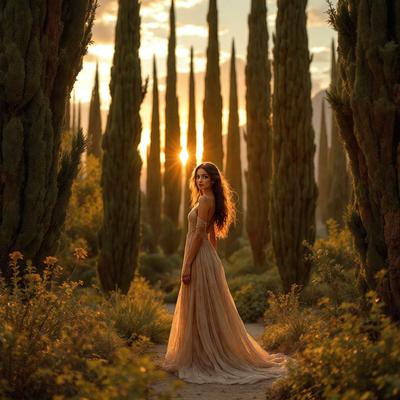 The primary subject of the image is a woman standing in a field of tall trees, which appear to be pine trees. The setting is a sunny day, and the visual style is a photo. The woman is the main focus of the image, and the dominant colors are yellow and orange, creating a warm and inviting atmosphere.